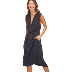 SPLENDID Black Linen Blend Midi Kristi Dress SMALL Sleeveless Tie Waist Pockets